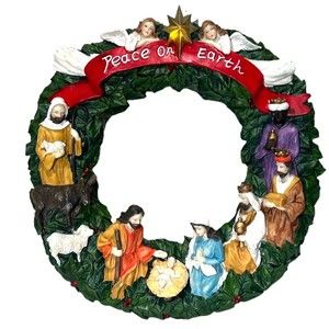 Nativity Christmas Scene Manger w/Top Star Light  Resin 12" Wreath Wall Hanging‎